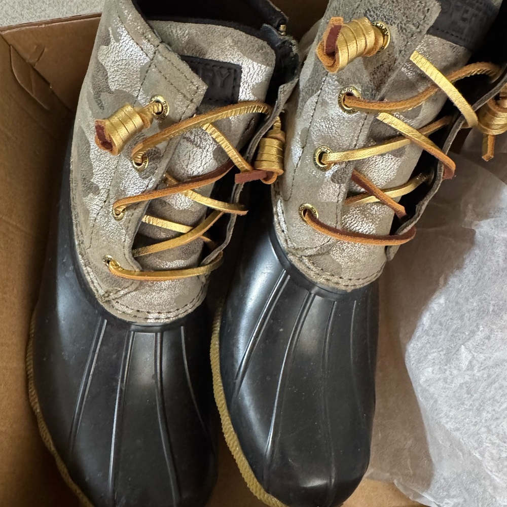 Sherry Camouflage Duck Boots with Black and Tan Accents